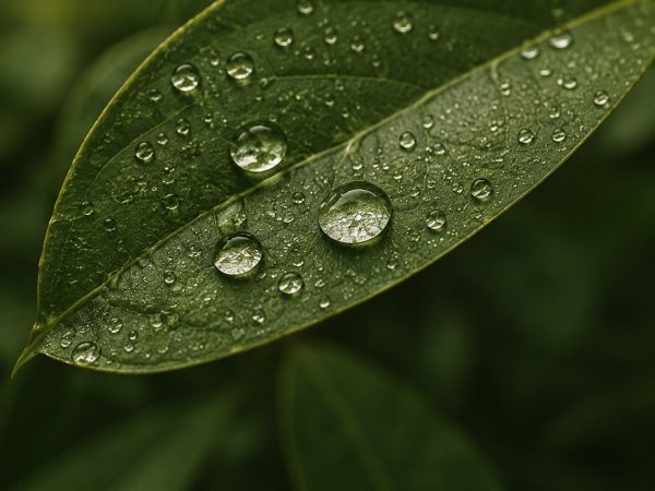 Water droplets on a green leaf, representing nervous-system regulation and recovery.