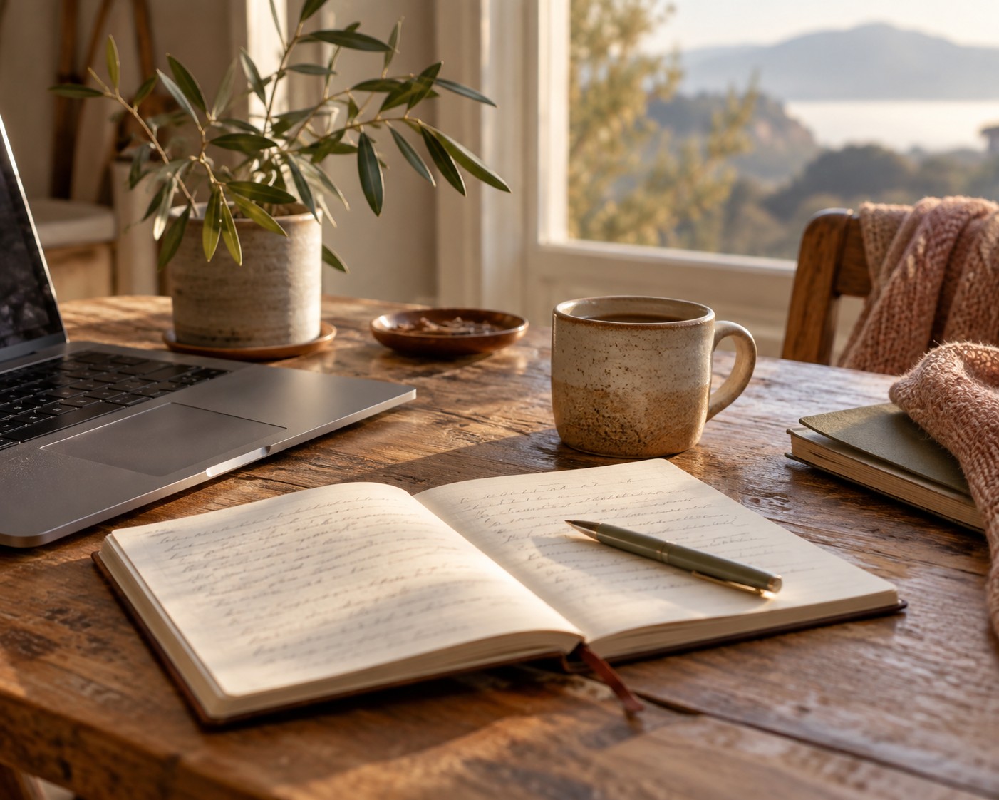 Journal, laptop and warm drink representing creativity, contribution and building a meaningful life after trauma