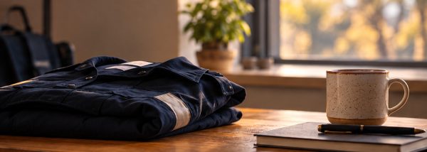 A folded first responder uniform beside a notebook and coffee mug emotional collapse
