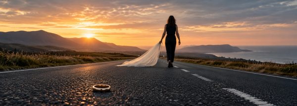 Woman walking away from a wedding ring, representing leaving a marriage after betrayal
