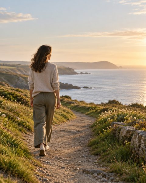 Woman walking towards an open coastal landscape while rebuilding life beyond survival